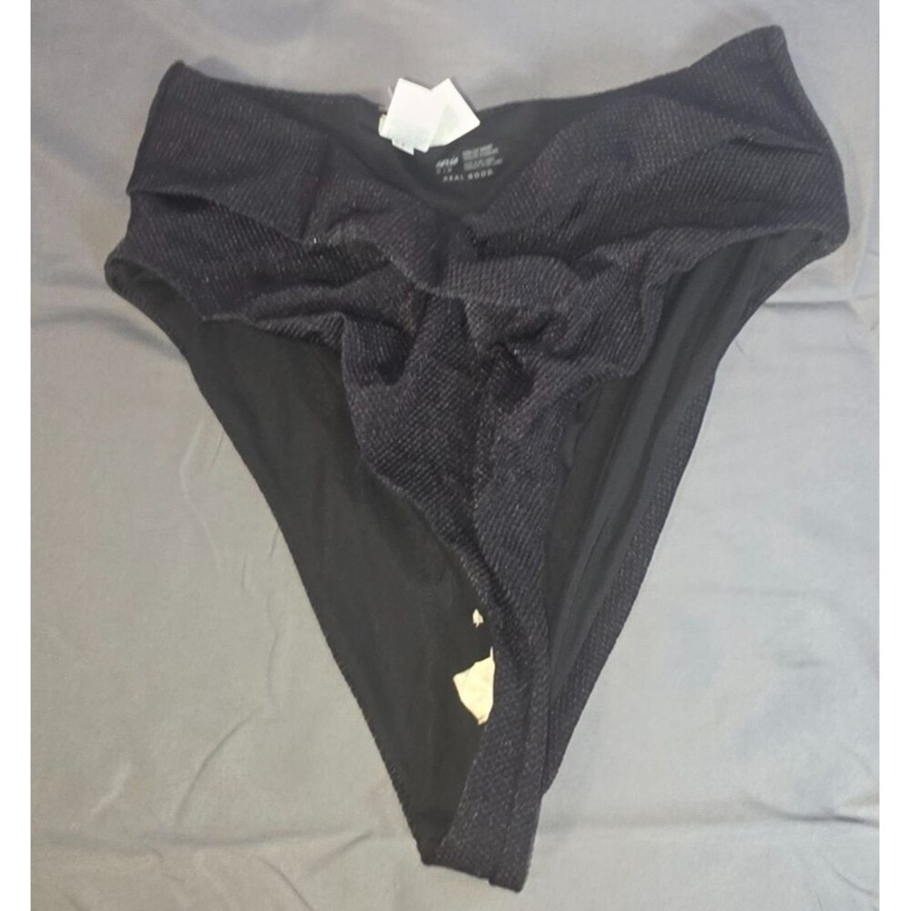 Aerie Black High Cut Cheeky Texture Swim Bathing Suit Bottom Size Medium New